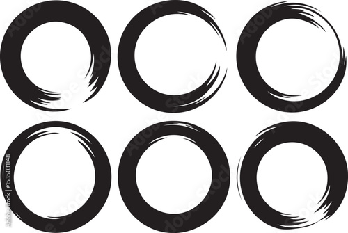 Six black ink circles isolated on transparent background