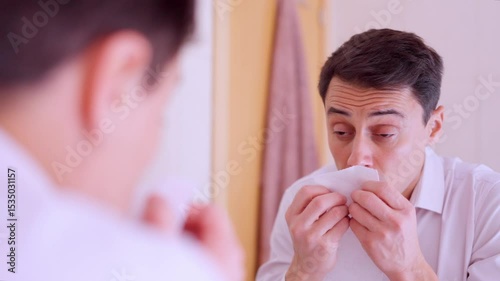 Sick man blowing nose while looking in mirror