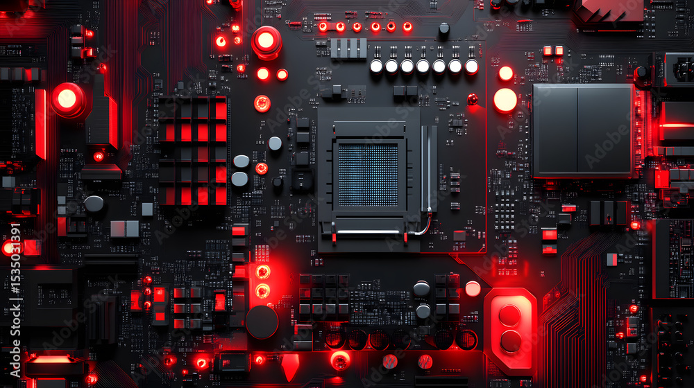 Obraz premium Close-up of a Computer Motherboard with Red LED Lights