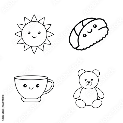 Adorable Kawaii Illustrations Sun, Sushi, Teacup, and Teddy Bear