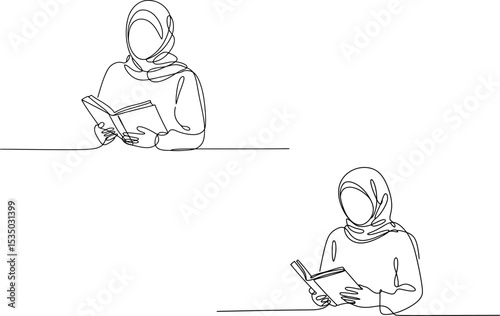 Two continuous line drawings show a woman wearing a hijab and reading a book, presented in slightly different poses.