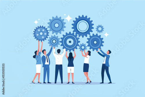 Teamwork collaboration and synergy business people lifting gears together isolated on transparent background