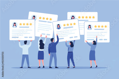 Vector cartoon illustration of people holding up resume cards with star ratings isolated on transparent background
