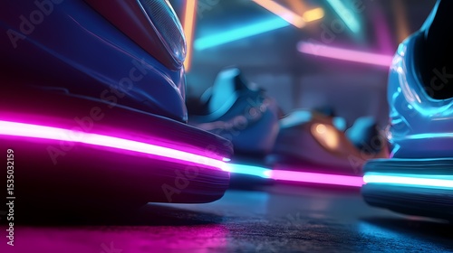 Neon Light Reflection on Bumper Cars at Amusement Park Attraction