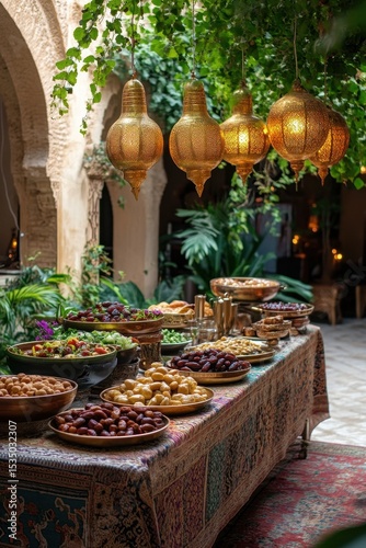 Food buffet in patio under hanging lanterns