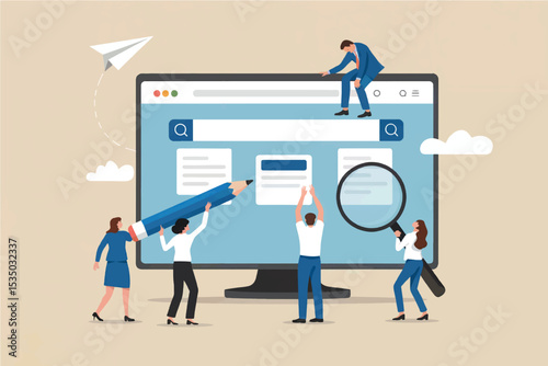 Vector cartoon illustration of people building a website on a computer screen isolated on transparent background