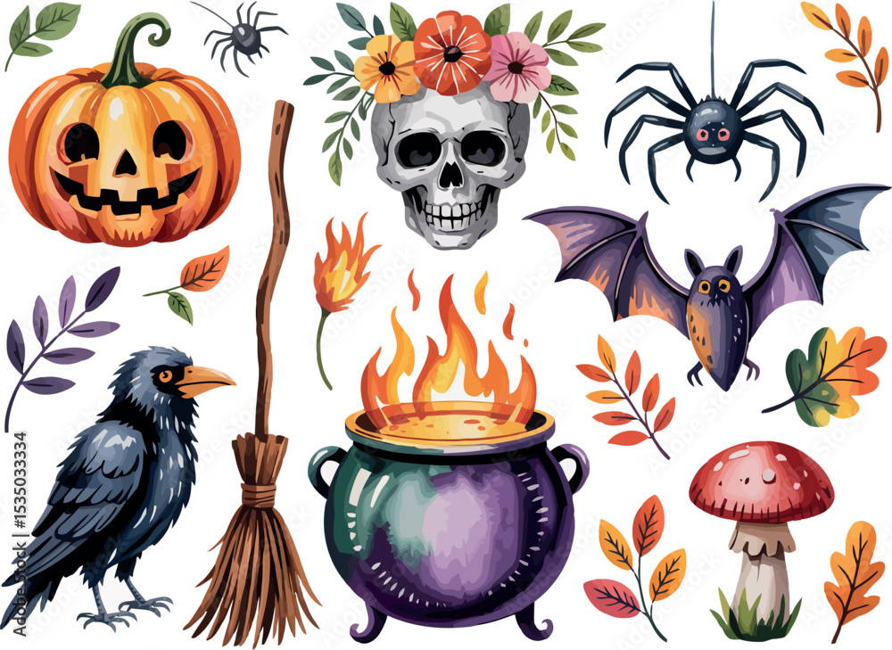 Fototapeta premium A collection of watercolor illustrations of Halloween elements including a pumpkin, skull with flowers, spiders, bat, broom, fire in a cauldron, raven, leaves, and a mushroom is shown. 
