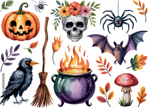 A collection of watercolor illustrations of Halloween elements including a pumpkin, skull with flowers, spiders, bat, broom, fire in a cauldron, raven, leaves, and a mushroom is shown. 