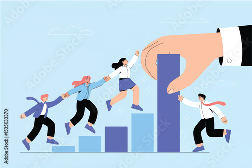 Teamwork collaboration and growth business people climbing bar chart with helping hand isolated on transparent background