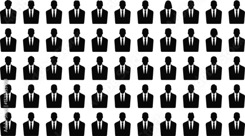 Large set of black and white business people icons, a diverse group of corporate avatars and user profile silhouettes for team or organization.