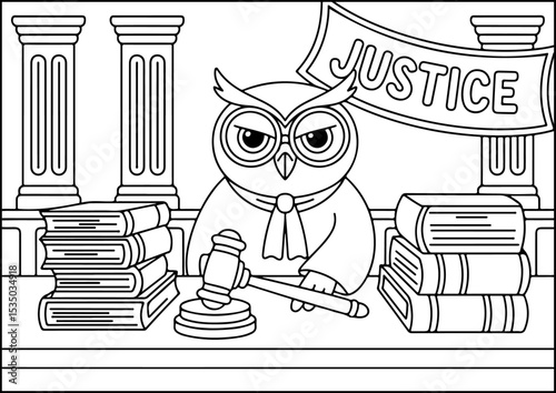 Anthropomorphic Animals, coloring page, A wise owl wearing a judge’s robe and glasses, sitting on a bench with a gavel and law books around. Courtroom cartoon background in line art.
