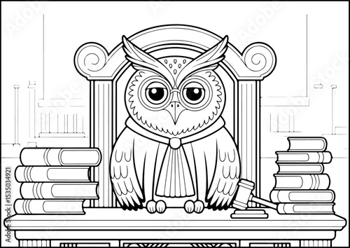 Anthropomorphic Animals, Coloring Book, This owl judge is fair, wise, and keeps order in the courtroom