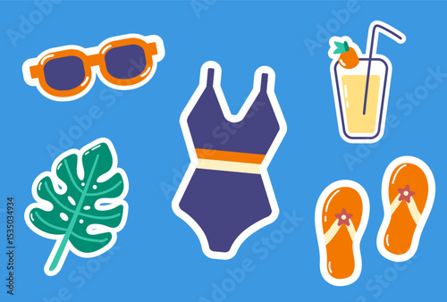 Summer stickers on blue background. Swimsuit, sunglasses and monstera leaf.