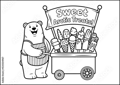 Anthropomorphic Animals, coloring page, A polar bear in a striped apron behind an ice cream cart with cones, popsicles, and scoops on display. Line drawing for kids’ coloring.