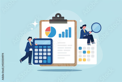 Vector cartoon illustration of business people analyzing data on a clipboard isolated on transparent background