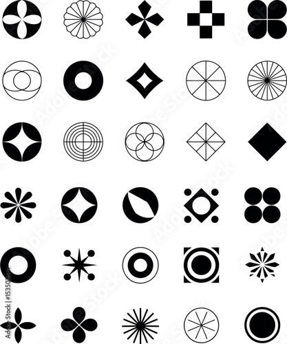 A grid of various abstract geometric and circular icons in black is presented