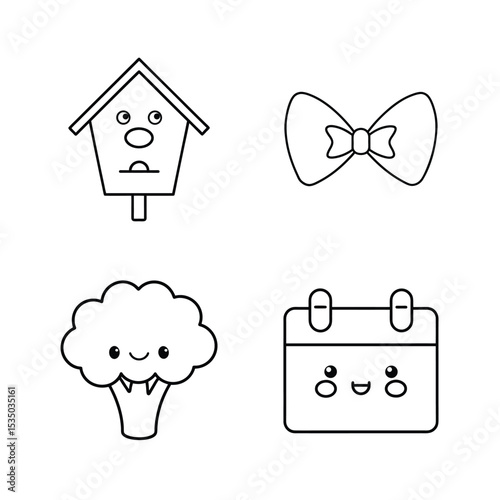 Adorable Kawaii Illustrations Birdhouse, Bow, Broccoli, and Calendar