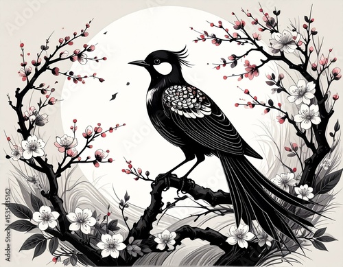 Black bird perched on flowering branches stylized illustration with moon background