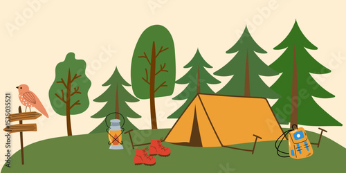 Camping illustration with tent, shoes and backpack. Yellow tent in forest.