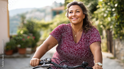 A confident woman with obesity riding a bicycle through a scenic neighborhood, enjoying her day