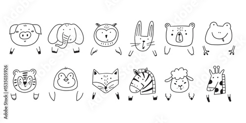 Cute doodle animal face and paw. Cartoon character animal head kid icon set. Vector illustration