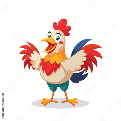 Cheerful Cartoon Rooster with Vibrant Colors and Welcoming Pose - Happy Farm Bird Clipart Illustration for Kids