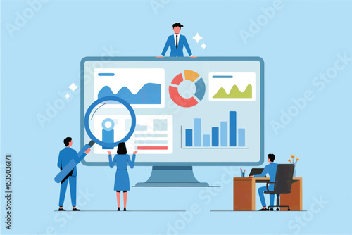 Vector cartoon illustration of business data analysis team isolated on transparent background