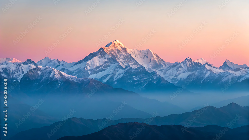 Fototapeta premium Majestic mountain range at dawn snowy peaks illuminated with soft morning light and serene blue hues