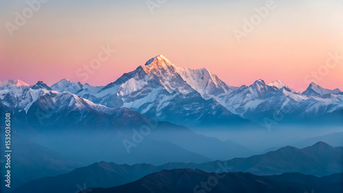 Majestic mountain range at dawn snowy peaks illuminated with soft morning light and serene blue hues
