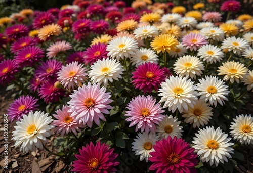 Colorful garden bed filled with vibrant daisy flowers in multiple shades under natural sunlight