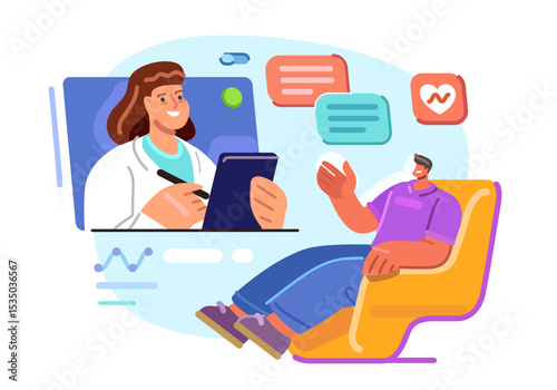 Virtual healthcare, online diagnosis and medical consultation. Patient communicates with doctor or psychologist
