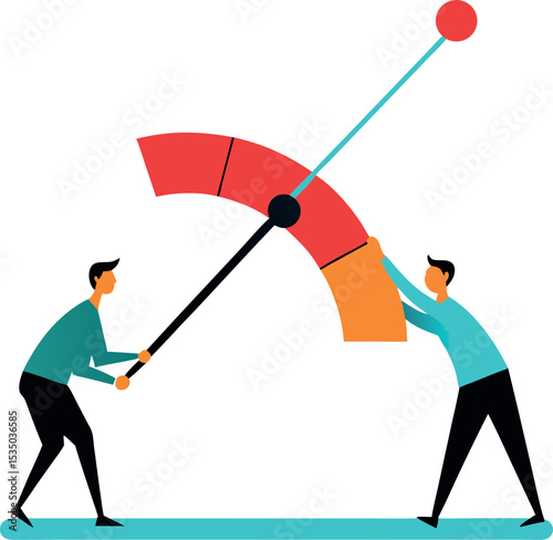 Flat Vector Of Coworkers Pulling Productivity Meter Up
