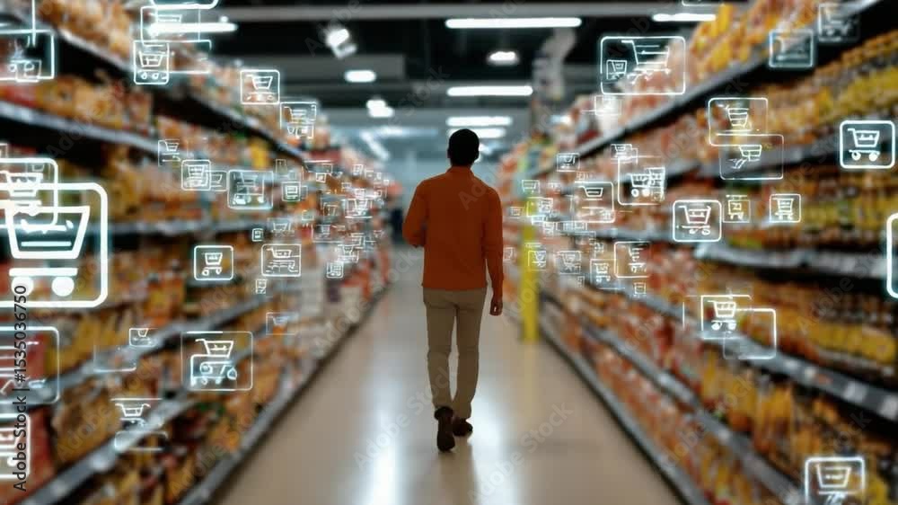 Digital Shopping in the Aisle: A lone individual navigates a supermarket aisle. Shopping cart icons hover, adding a touch of the digital world to the traditional shopping experience.