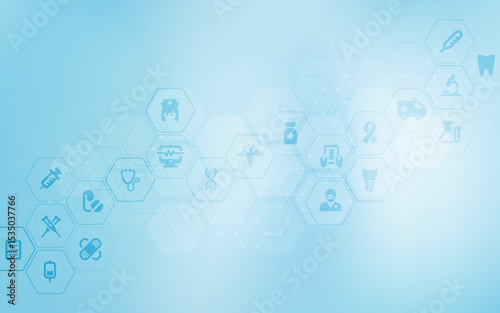 Abstract medical background with flat icons in hexagons. Design for science, medicine or technology, innovation medicine, health