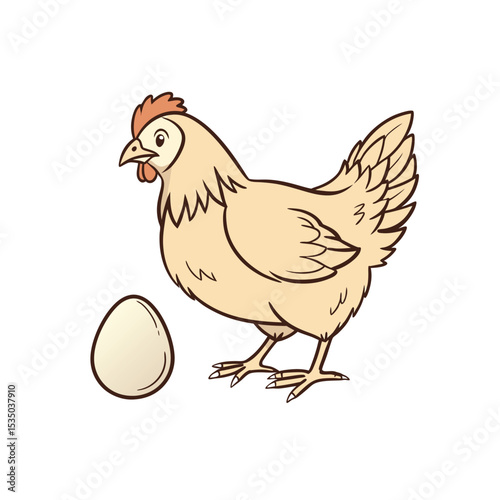 Cartoon Hen with Brown Egg Illustration - Farm Animal and Fresh Organic Produce Clipart Vector