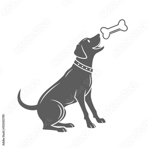 Solid Gray Dog Silhouette with Collar Looking Up at Bone - Happy Pet Graphic for Animal Training and Care Themes
