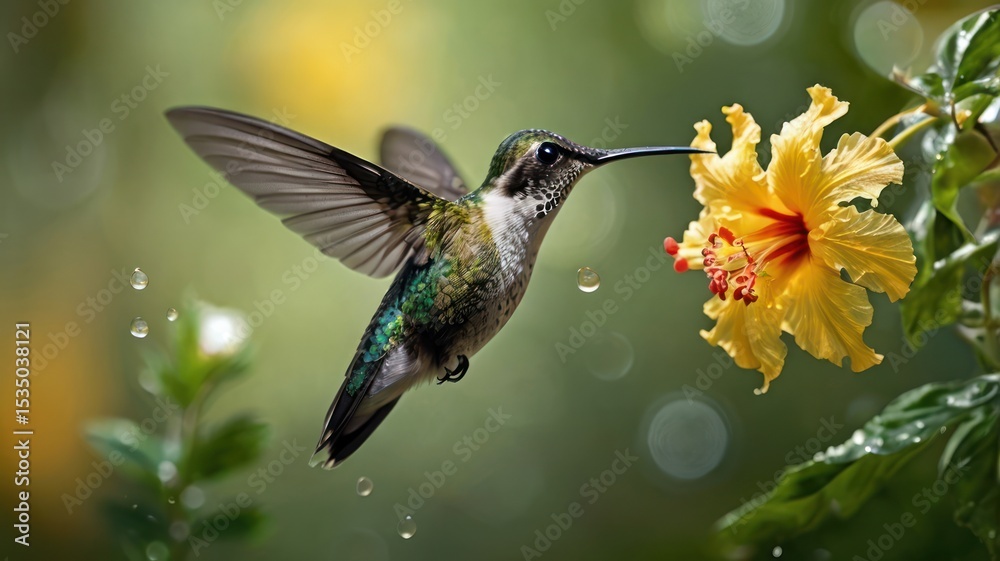 Fototapeta premium Hummingbird in flight, feeding on a flower
