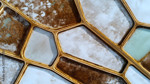 Vast nature landscape of terraced salt flats under reflective sky forming geometric patterns unique visual textures viewed top down drone angle white background cut out isolated transparent background