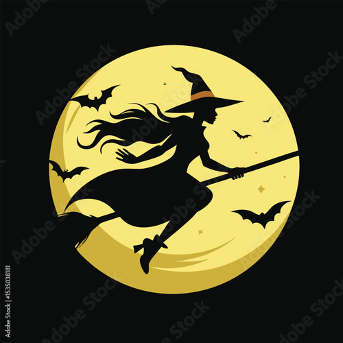 Striking Silhouette A Witch Flying on a Broomstick Perfect for Halloween Designs