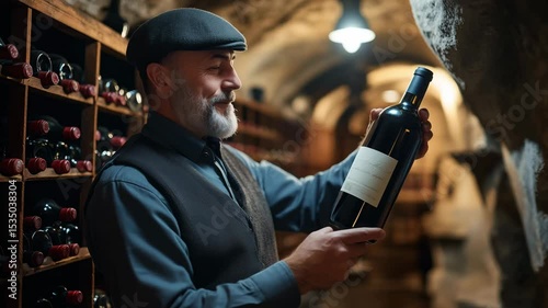 Sommelier examines a fine bottle of wine in a rustic wine cellar filled with rows of carefully stored bottles. The atmospheric setting enhances the experience of tasting wine