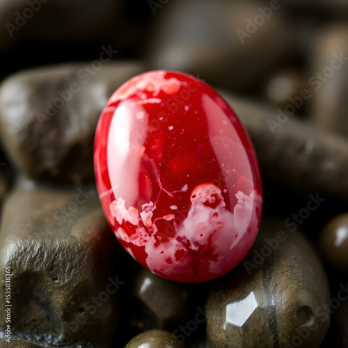 Polished red aventurine cabochon, gemstone macro, vibrant red and white, jewelry inspiration