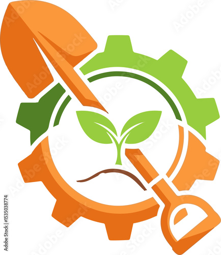 Gardening Tools and Sprout with Gear Background
