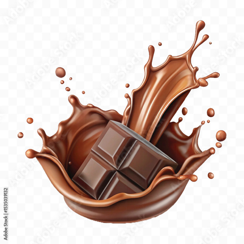 abstract 3d smooth liquid chocolate splash with chocolate bar isolated on transparent background