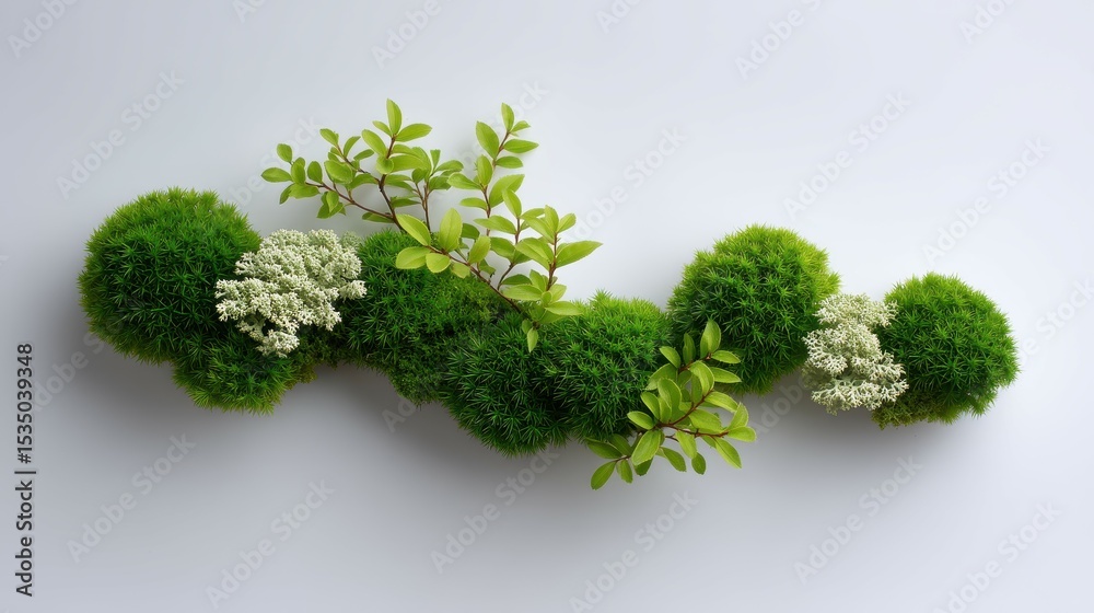Obraz premium Lush green moss arrangement with delicate white flowers on a light background.