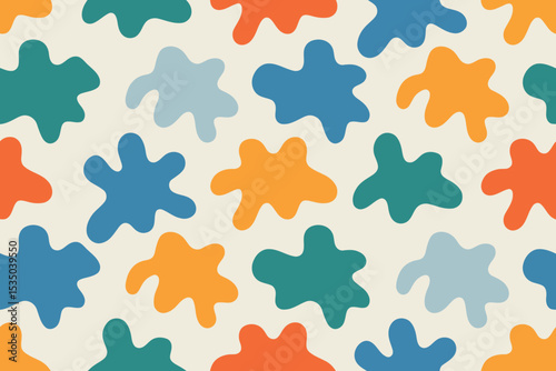  a seamless pattern composed of colorful, abstract, blob-like shapes on a light background. The design is playful and energetic, with a random and organic feel.