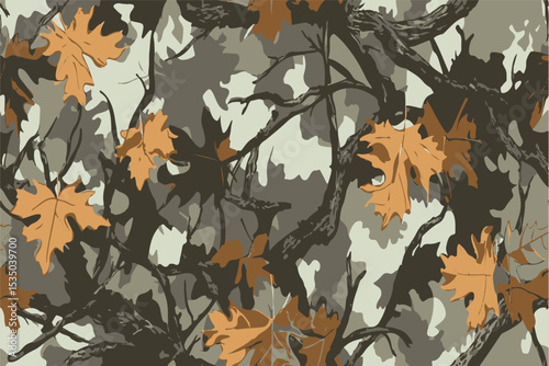 A camouflage pattern with leaves and branches in earth tones, designed for military or hunting-themed designs.Hunting camouflage background. Vector camouflage texture