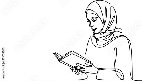 A continuous line drawing depicts a woman wearing a hijab and reading a book. 