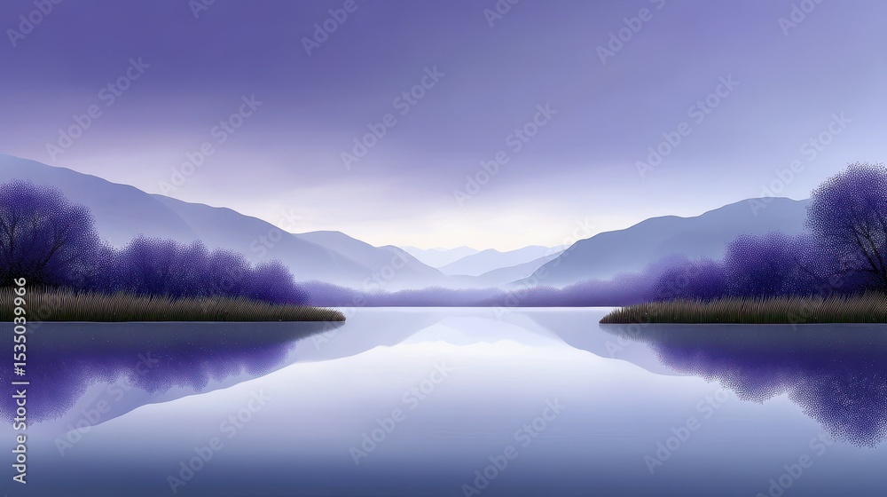 Fototapeta premium Serene purple lake mirroring mountains and trees at dusk