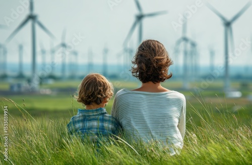 Woman and Boy Watching White Wind Turbines in Grassy Field