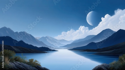 Serene landscape with mountains reflecting in tranquil waters under a blue sky